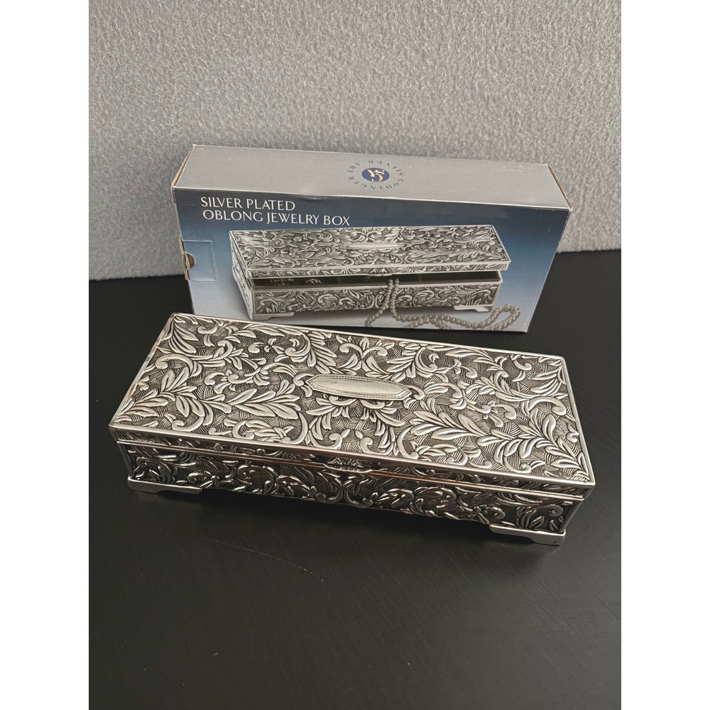Godinger Silver Art Jewelry Box Oblong Silver Plated Floral Repousse Mirror 1751